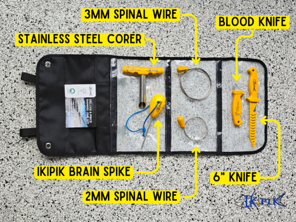 Open IkiPik fish dispatch kit showing ike jime spike, knives, coring tool and shinkei jime spinal wires
